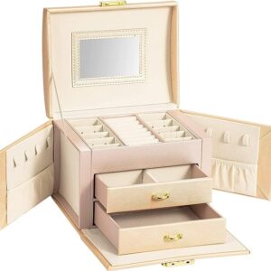 YouBella Jewellery Organiser MultiLayer PU Leather Portable Lockable Storage Box Case with Dividers Container for Rings, Earrings, Necklace Home Organizer, Beige